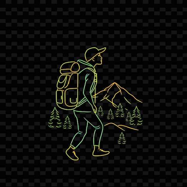 PSD toned hiker with backpack neon landscape art design with earthy gr illustration neon charactere