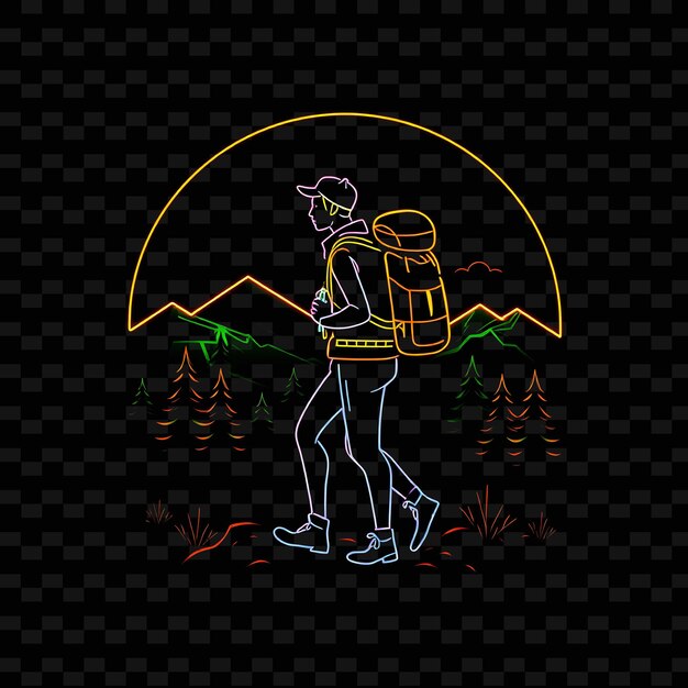 PSD toned hiker with backpack neon landscape art design with earthy gr illustration neon charactere