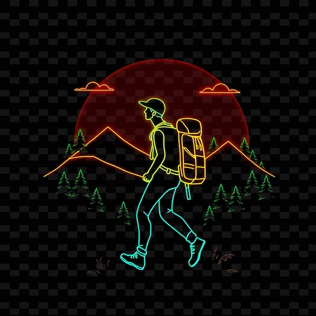 Toned Hiker With Backpack Neon Landscape Art Design With Earthy Gr Illustration Neon Charactere