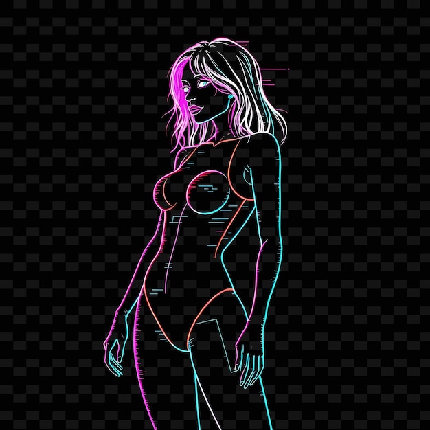 Toned Woman in Onepiece Neon Glitch Art Design With Glitchy Color Illustration Neon Characters