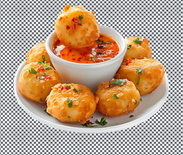 Toothsome Fufu Poppers with Spicy Dip isolated on transparent background