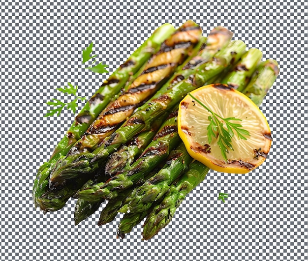 PSD toothsome grilled asparagus with lemon zest isolated on transparent background