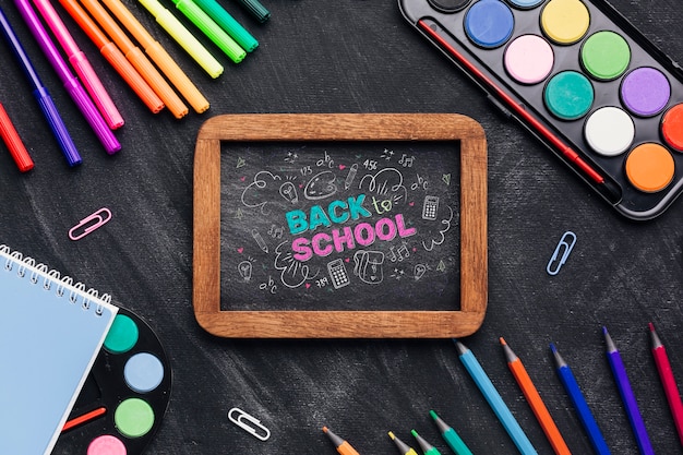 Top view back to school with chalkboard