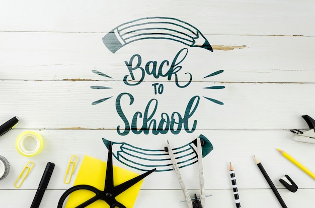 PSD top view back to school with wooden background