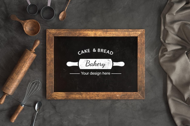 Top view bakery utensils with chalkboard mock-up