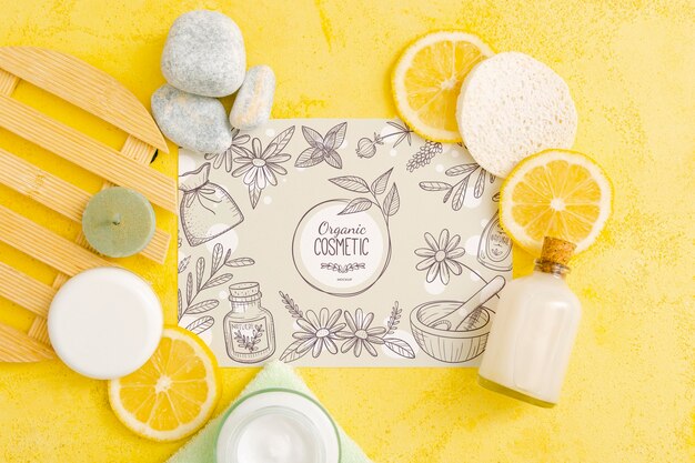 PSD top view of beauty cosmetics with citrus