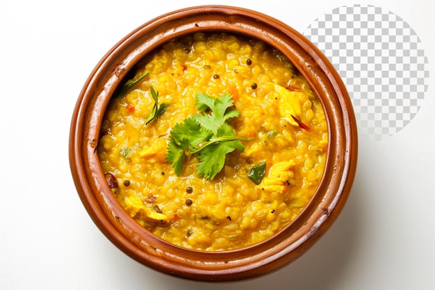 Top view of Bengali dish khichdi or khichuri made from rice and lentils on transparent background