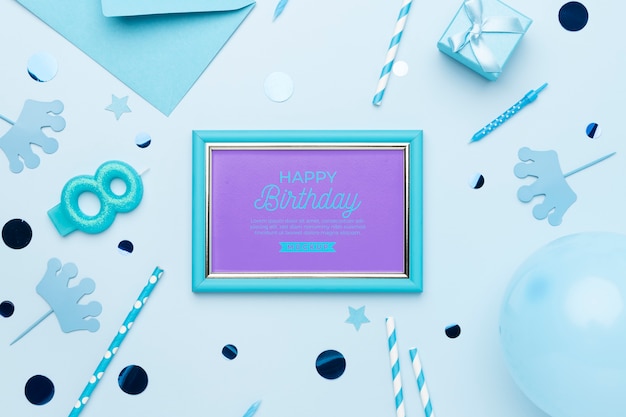 Top view of birthday invitation mock-up with frame