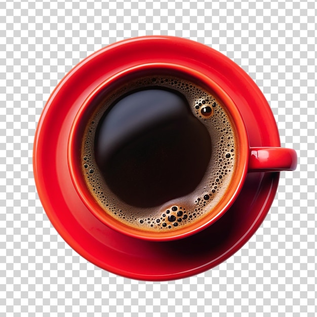 PSD a top view black coffee on red mug on transparent background