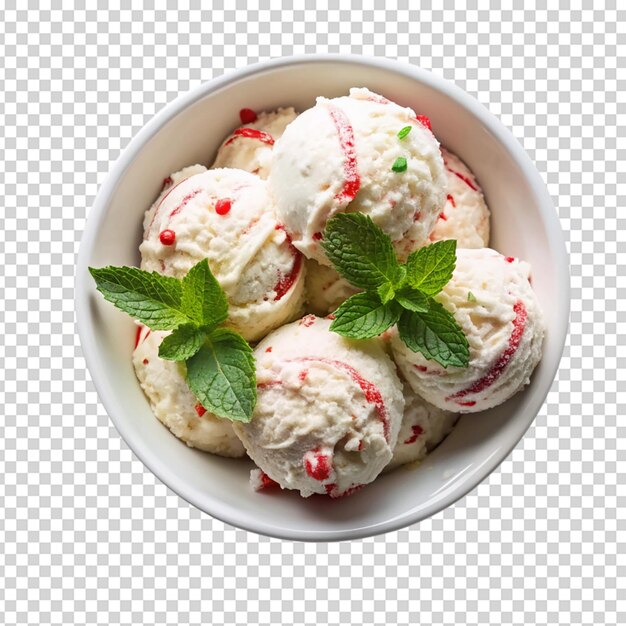 PSD a top view bowl of peppermint candy cane ice cream isolated white background