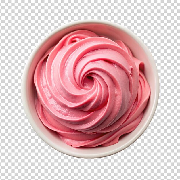 PSD top view bowl of pink frosting isolated white background