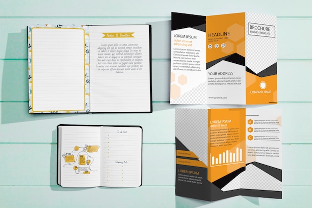 Top view of brochure concept mock-up