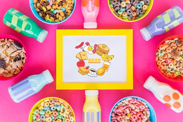 Top view of cereal bowls and milk bottles on pink background