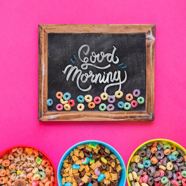 Top view of chalkboard mock-up and cereal bowls