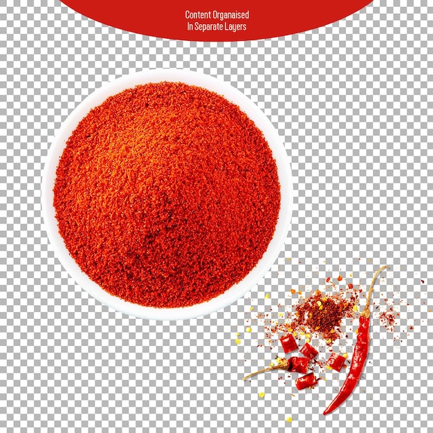 Top View Chilli Powder in White Bowl Isolated in Transparent Background