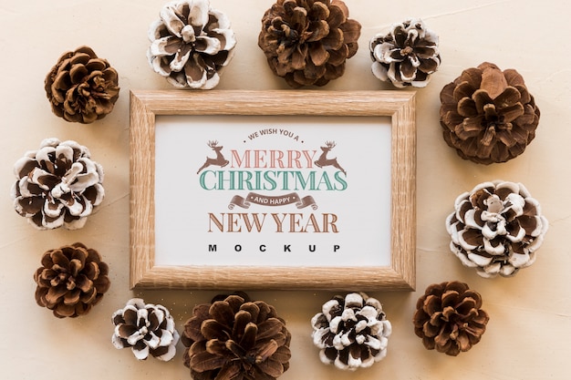 Top view christmas composition with frame mockup