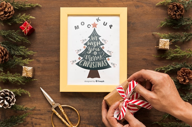 Top view christmas composition with frame mockup