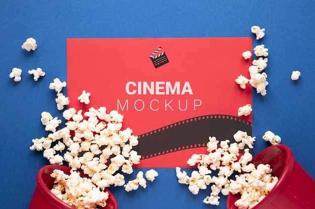 Top view cinema mockup with popcorn