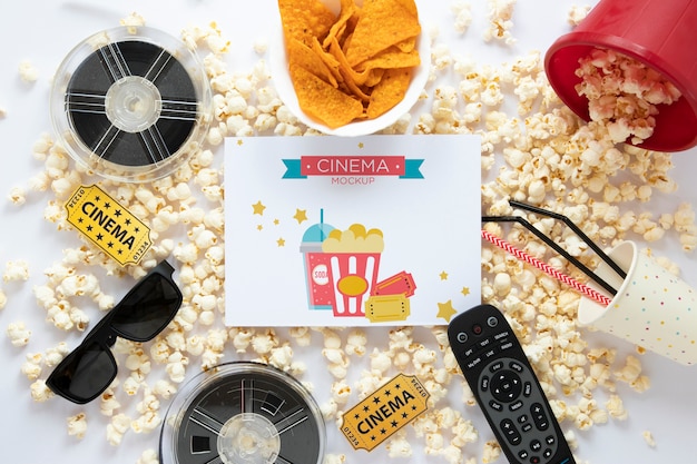 PSD top view cinema mockup with popcorn