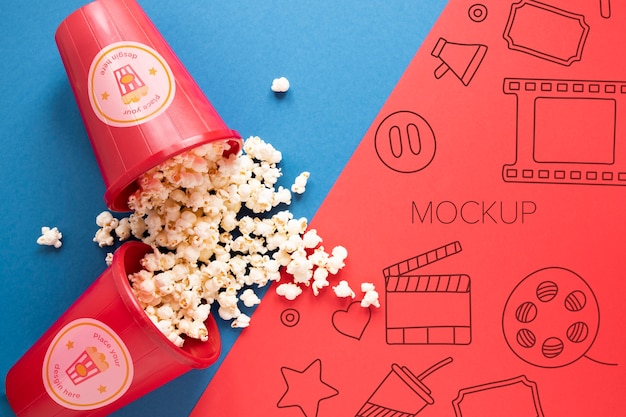 Top view cinema mockup with popcorn