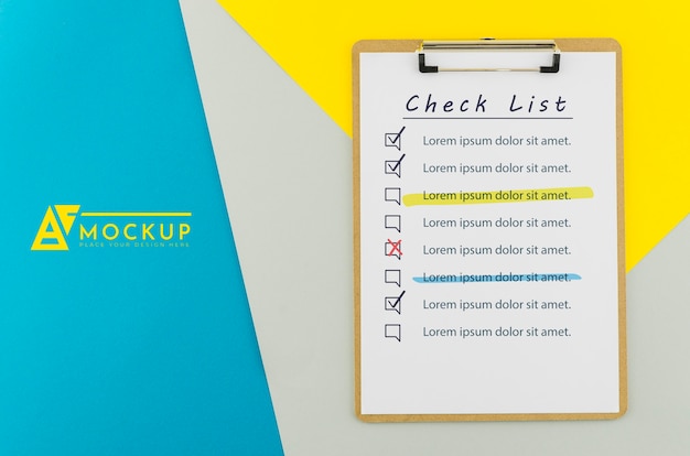 Top view clipboard with check list