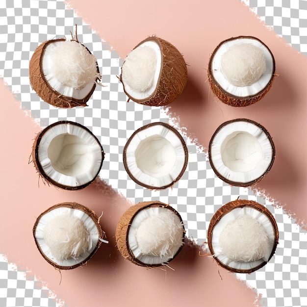 Top view of coconut dishes laid out in a row on a transparent background Coconut themed arrangement