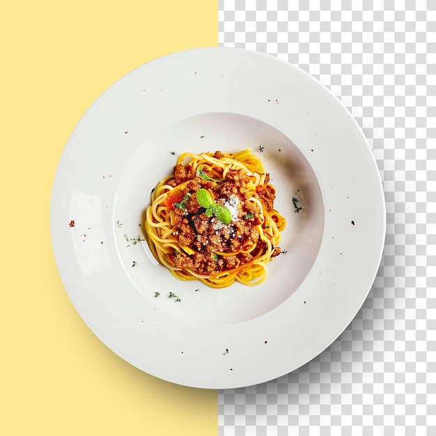 PSD top view cooked italian pasta with sauce on plate isolated transparent background