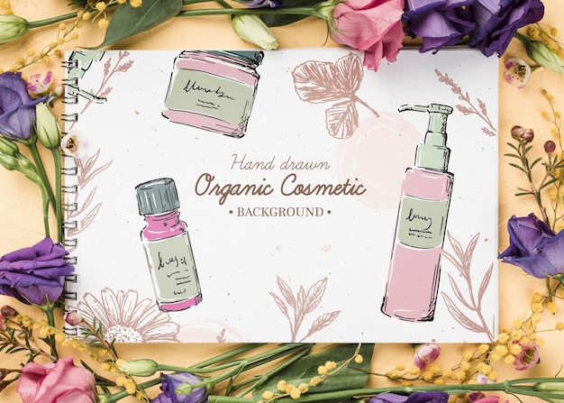 PSD top view cosmetics mockup with flowers