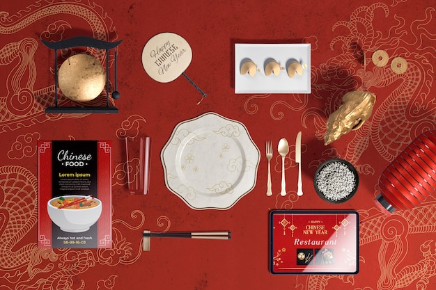 Top view cutlery and fortune cookies for chinese new year