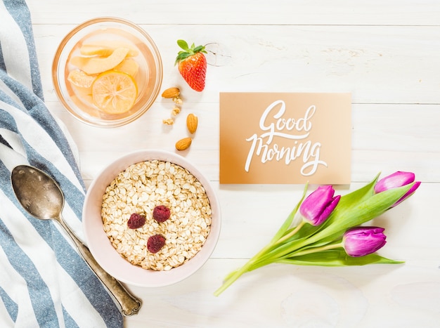 PSD top view delicious breakfast with good morning card