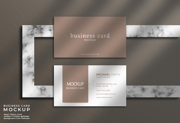 Top view elegant business card mockup with marble background and shadow