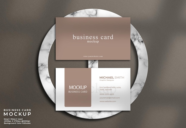 Top view elegant business card mockup with marble background and shadow