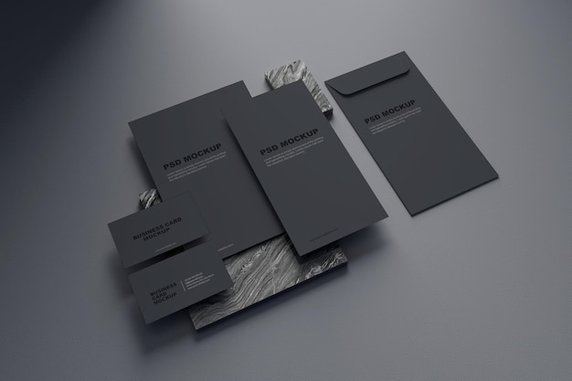 Top view elegant dark stationary mockup design