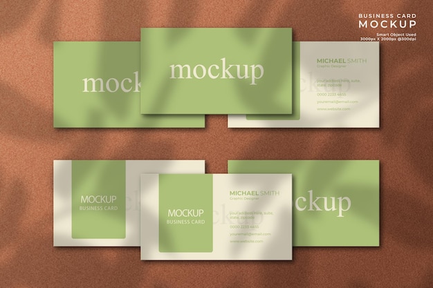 Top view elegant and modern business card mockup with texture background and natural leaf shadow