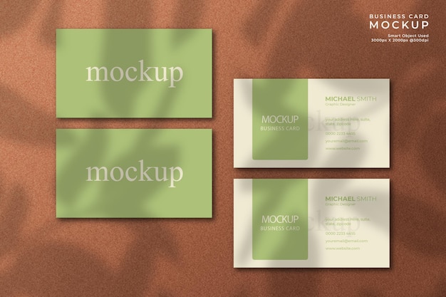 Top view elegant and modern business card mockup with texture background and natural leaf shadow