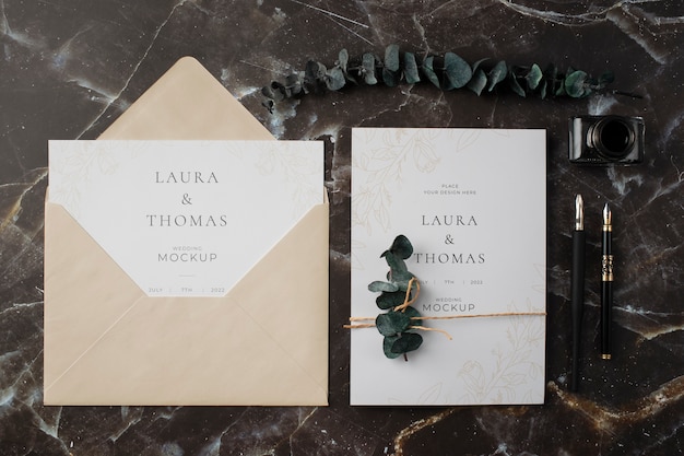 Top view of elegant wedding invitation mock-up