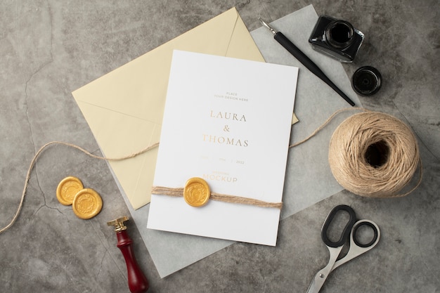 Top view of elegant wedding invitation mock-up