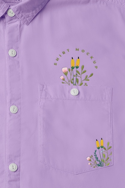 Top view embroidered logo on purple shirt