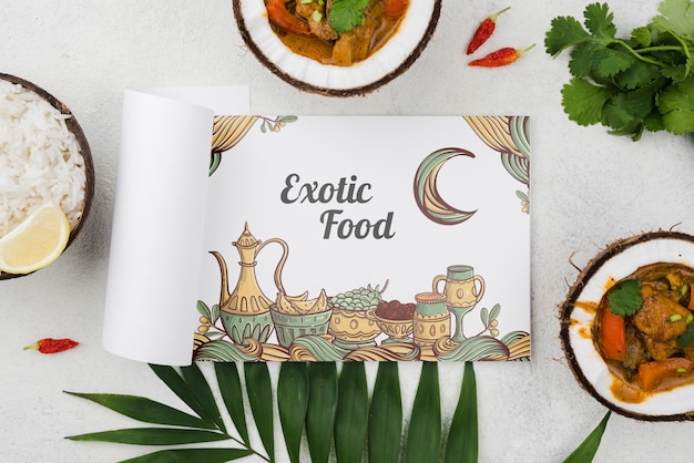 Top view exotic food concept with mock-up