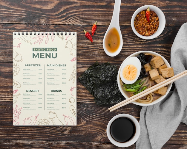 Top view exotic food menu with mock-up