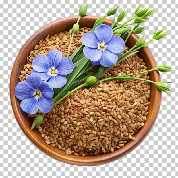 PSD top view flax seed and flax flowers closeup on transparent background