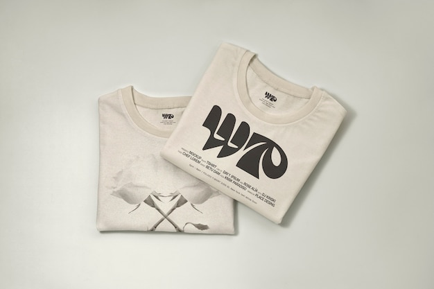 PSD top view on folded tshirt mockup