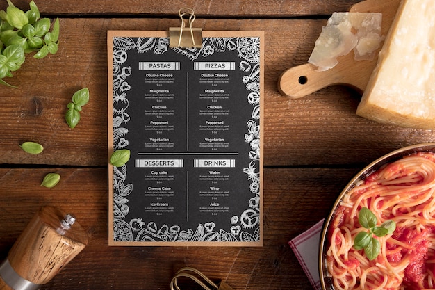 PSD top view of food menu concept mock-up