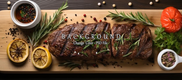 top view of grilled beef steak with rosemary and spices on wooden board panoramic shot