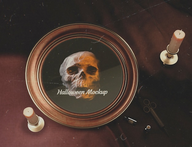 Top view halloween round frame with skull