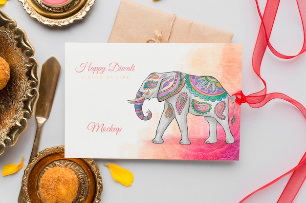 Top view happy diwali festival mock-up card with ribbon