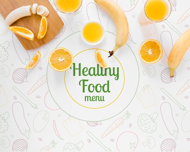 Top view healthy food concept with bananas