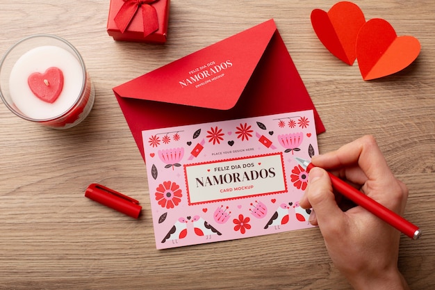 Top view on invitation mockup with dia dos namorados design