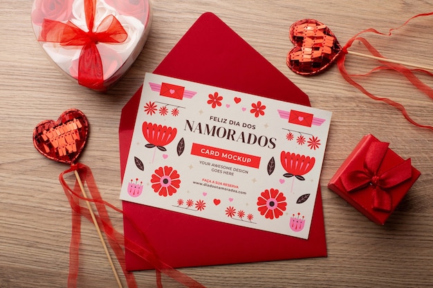 Top view on invitation mockup with dia dos namorados design