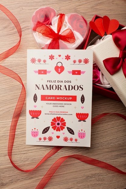 Top view on invitation mockup with dia dos namorados design